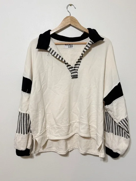 BUCKETLIST French Terry Colorblock Polo Sweater Size Medium Ivory Black Boho - Picture 2 of 8